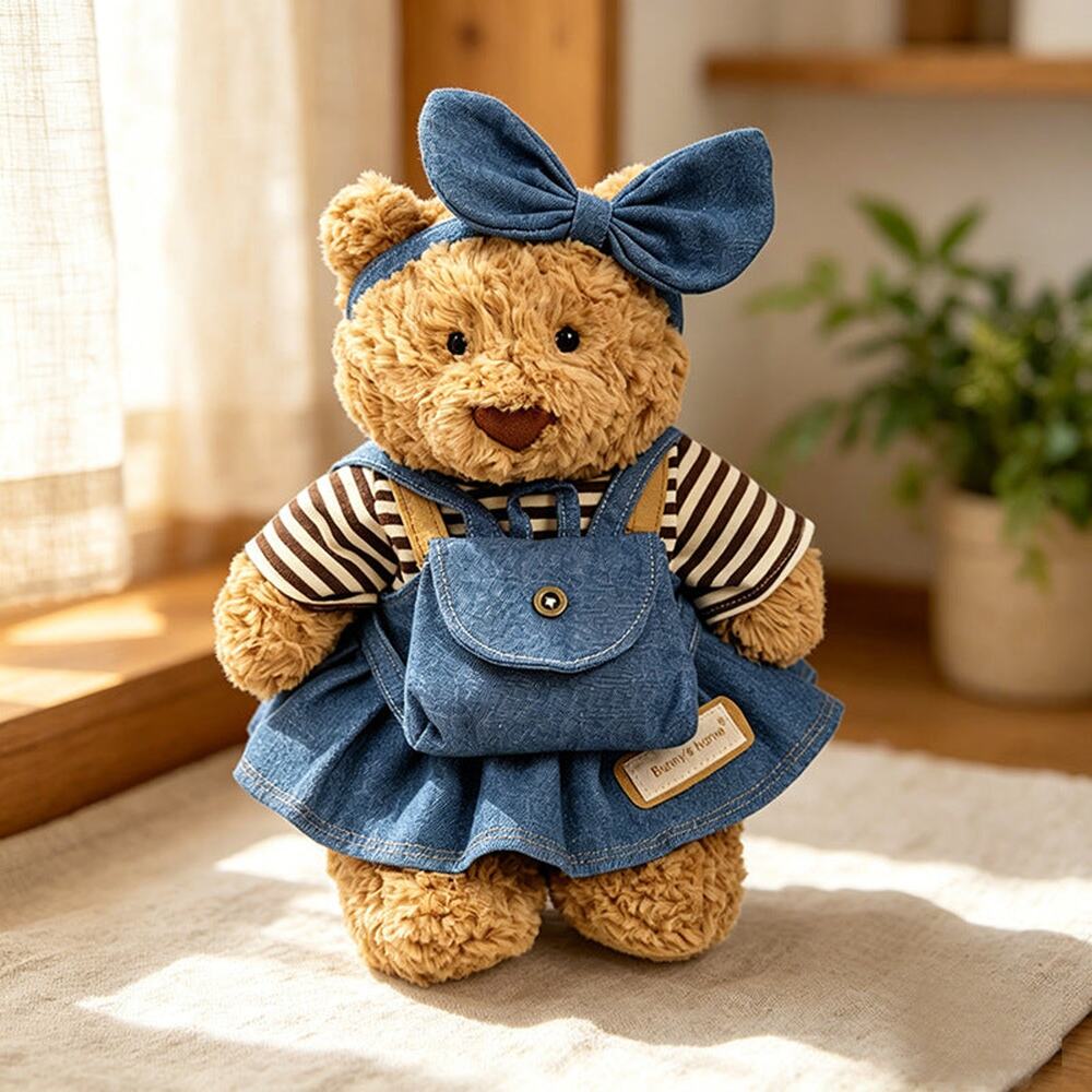 Medium Bartholomew bear clothes outfits- Denim Overalls & Striped Tee Set